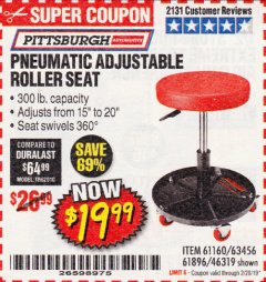 Harbor Freight Coupon PITTSBURGH PNEUMATIC ROLLER SEAT Lot No. 46319 Expired: 2/28/19 - $19.99