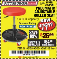 Harbor Freight Coupon PITTSBURGH PNEUMATIC ROLLER SEAT Lot No. 46319 Expired: 5/18/19 - $19.99