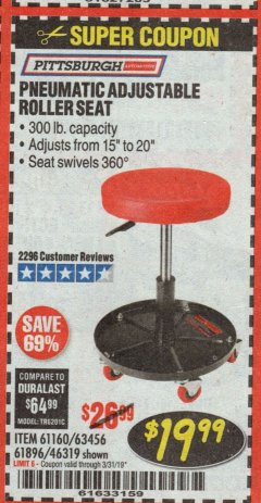 Harbor Freight Coupon PITTSBURGH PNEUMATIC ROLLER SEAT Lot No. 46319 Expired: 3/31/19 - $19.99