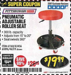 Harbor Freight Coupon PITTSBURGH PNEUMATIC ROLLER SEAT Lot No. 46319 Expired: 4/30/19 - $19.99
