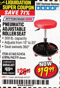 Harbor Freight Coupon PITTSBURGH PNEUMATIC ROLLER SEAT Lot No. 46319 Expired: 5/31/19 - $19.99