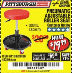 Harbor Freight Coupon PITTSBURGH PNEUMATIC ROLLER SEAT Lot No. 46319 Expired: 8/12/19 - $19.99