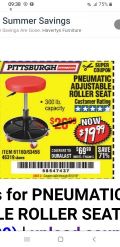 Harbor Freight Coupon PITTSBURGH PNEUMATIC ROLLER SEAT Lot No. 46319 Expired: 8/12/19 - $19.99