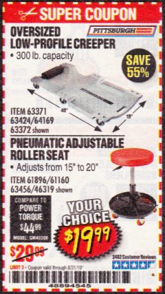 Harbor Freight Coupon PITTSBURGH PNEUMATIC ROLLER SEAT Lot No. 46319 Expired: 8/31/19 - $19.99