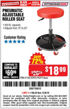 Harbor Freight Coupon PITTSBURGH PNEUMATIC ROLLER SEAT Lot No. 46319 Expired: 12/8/19 - $18.99