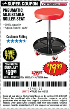 Harbor Freight Coupon PITTSBURGH PNEUMATIC ROLLER SEAT Lot No. 46319 Expired: 6/30/20 - $19.99