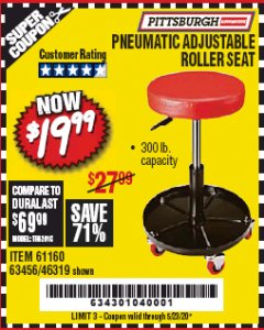 Harbor Freight Coupon PITTSBURGH PNEUMATIC ROLLER SEAT Lot No. 46319 Expired: 6/30/20 - $19.99