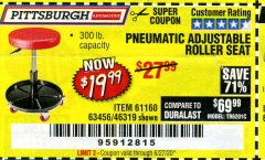 Harbor Freight Coupon PITTSBURGH PNEUMATIC ROLLER SEAT Lot No. 46319 Expired: 6/30/20 - $19.99