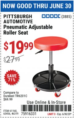 Harbor Freight Coupon PITTSBURGH PNEUMATIC ROLLER SEAT Lot No. 46319 Expired: 6/30/20 - $19.99