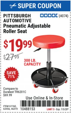 Harbor Freight Coupon PITTSBURGH PNEUMATIC ROLLER SEAT Lot No. 46319 Expired: 7/5/20 - $19.99