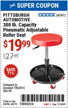 Harbor Freight Coupon PITTSBURGH PNEUMATIC ROLLER SEAT Lot No. 46319 Expired: 7/15/20 - $19.99