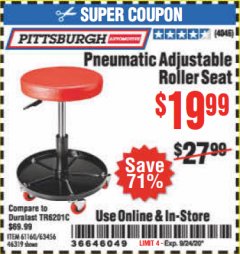 Harbor Freight Coupon PITTSBURGH PNEUMATIC ROLLER SEAT Lot No. 46319 Expired: 9/24/20 - $19.99