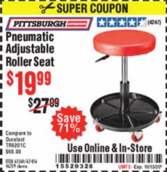 Harbor Freight Coupon PITTSBURGH PNEUMATIC ROLLER SEAT Lot No. 46319 Expired: 10/13/20 - $19.99