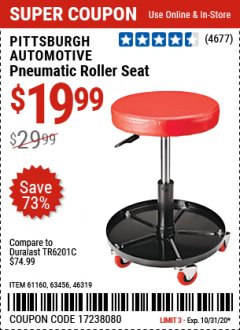Harbor Freight Coupon PITTSBURGH PNEUMATIC ROLLER SEAT Lot No. 46319 Expired: 10/31/20 - $19.99