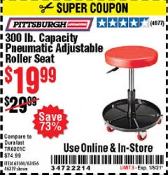 Harbor Freight Coupon PITTSBURGH PNEUMATIC ROLLER SEAT Lot No. 46319 Expired: 1/8/21 - $19.99