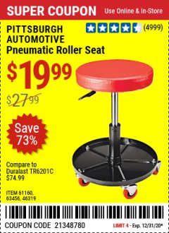 Harbor Freight Coupon PITTSBURGH PNEUMATIC ROLLER SEAT Lot No. 46319 Expired: 12/31/20 - $19.99