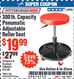 Harbor Freight Coupon PITTSBURGH PNEUMATIC ROLLER SEAT Lot No. 46319 Expired: 1/8/21 - $19.99