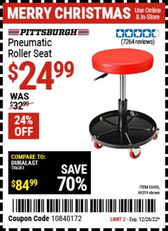 Harbor Freight Coupon PITTSBURGH PNEUMATIC ROLLER SEAT Lot No. 46319 Expired: 12/26/21 - $24.99