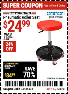 Harbor Freight Coupon PITTSBURGH PNEUMATIC ROLLER SEAT Lot No. 46319 Expired: 2/11/24 - $24.99