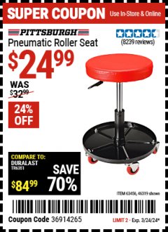 Harbor Freight Coupon PITTSBURGH PNEUMATIC ROLLER SEAT Lot No. 46319 Expired: 3/24/24 - $24.99