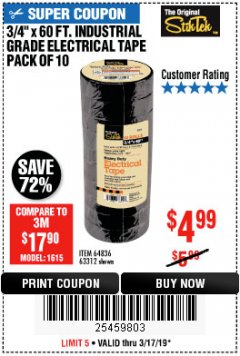 Harbor Freight Coupon STIKTEK 60 FT. X 3/4 IN. INDUSTRIAL-GRADE ELECTRICAL TAPE, 10-PACK Lot No. 63312/64836 Expired: 3/17/19 - $4.99