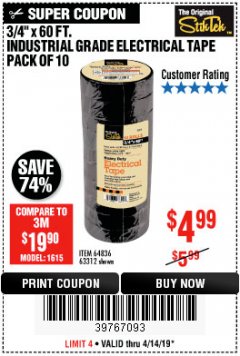 Harbor Freight Coupon STIKTEK 60 FT. X 3/4 IN. INDUSTRIAL-GRADE ELECTRICAL TAPE, 10-PACK Lot No. 63312/64836 Expired: 4/14/19 - $4.99