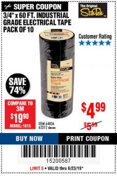 Harbor Freight Coupon STIKTEK 60 FT. X 3/4 IN. INDUSTRIAL-GRADE ELECTRICAL TAPE, 10-PACK Lot No. 63312/64836 Expired: 6/23/19 - $4.99
