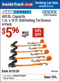 Harbor Freight ITC Coupon HAUL-MASTER 400 LB. CAPACITY, 1 IN. X 15 FT. RATCHETING TIE-DOWNS, 4-PACK Lot No. 63094 Expired: 8/13/26 - $5.96