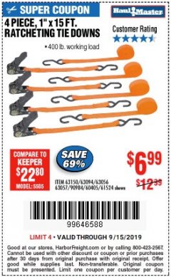 Harbor Freight Coupon HAUL-MASTER 400 LB. CAPACITY, 1 IN. X 15 FT. RATCHETING TIE-DOWNS, 4-PACK Lot No. 63094 Expired: 9/15/19 - $6.99