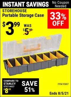 Harbor Freight Coupon STOREHOUSE PORTABLE STORAGE CASE Lot No. 95807 Expired: 8/5/21 - $3.99