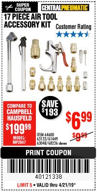 Harbor Freight Coupon CENTRAL PNEUMATIC AIR TOOL ACCESSORY KIT, 17-PIECE Lot No. 64600 Expired: 4/21/19 - $6.99