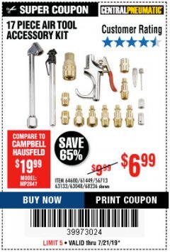 Harbor Freight Coupon CENTRAL PNEUMATIC AIR TOOL ACCESSORY KIT, 17-PIECE Lot No. 64600 Expired: 7/21/19 - $6.99