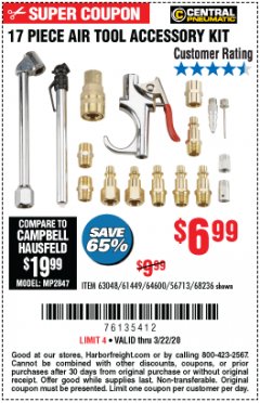 Harbor Freight Coupon CENTRAL PNEUMATIC AIR TOOL ACCESSORY KIT, 17-PIECE Lot No. 64600 Expired: 3/22/20 - $6.99