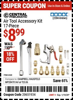 Harbor Freight Coupon CENTRAL PNEUMATIC AIR TOOL ACCESSORY KIT, 17-PIECE Lot No. 64600 EXPIRES: 1/19/26 - $8.99