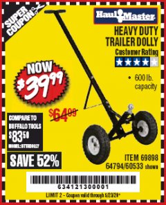Harbor Freight Coupon HAUL-MASTER 600 LB. TRAILER DOLLY Lot No. 60533/69898 Expired: 6/30/20 - $39.99