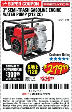 Harbor Freight Coupon PREDATOR 3 IN., 212CC GASOLINE ENGINE SEMI-TRASH WATER PUMP - 290 GPM Lot No. 63406/56162 Expired: 2/29/20 - $279.99