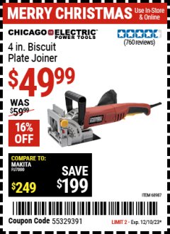 Harbor Freight Coupon CHICAGO ELECTRIC POWER TOOLS 4 IN. BISCUIT PLATE JOINER Lot No. 68987 Expired: 12/10/23 - $49.99