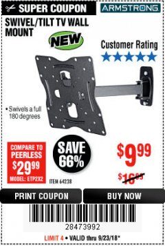 Harbor Freight Coupon ARMSTRONG 17 IN. TO 42 IN. SWIVEL/TILT TV WALL MOUNT Lot No. 64238 Expired: 9/23/18 - $9.99