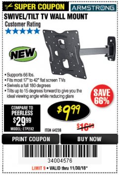 Harbor Freight Coupon ARMSTRONG 17 IN. TO 42 IN. SWIVEL/TILT TV WALL MOUNT Lot No. 64238 Expired: 11/30/18 - $9.99