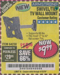 Harbor Freight Coupon ARMSTRONG 17 IN. TO 42 IN. SWIVEL/TILT TV WALL MOUNT Lot No. 64238 Expired: 4/13/19 - $9.99