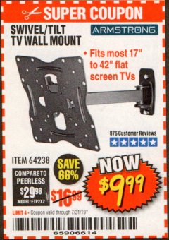 Harbor Freight Coupon ARMSTRONG 17 IN. TO 42 IN. SWIVEL/TILT TV WALL MOUNT Lot No. 64238 Expired: 7/31/19 - $9.99