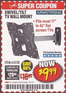 Harbor Freight Coupon ARMSTRONG 17 IN. TO 42 IN. SWIVEL/TILT TV WALL MOUNT Lot No. 64238 Expired: 7/31/19 - $9.99