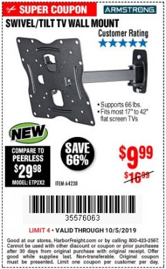 Harbor Freight Coupon ARMSTRONG 17 IN. TO 42 IN. SWIVEL/TILT TV WALL MOUNT Lot No. 64238 Expired: 10/5/19 - $9.99
