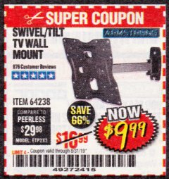 Harbor Freight Coupon ARMSTRONG 17 IN. TO 42 IN. SWIVEL/TILT TV WALL MOUNT Lot No. 64238 Expired: 8/31/19 - $9.99