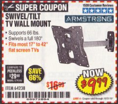 Harbor Freight Coupon ARMSTRONG 17 IN. TO 42 IN. SWIVEL/TILT TV WALL MOUNT Lot No. 64238 Expired: 10/31/19 - $9.99