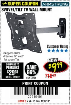Harbor Freight Coupon ARMSTRONG 17 IN. TO 42 IN. SWIVEL/TILT TV WALL MOUNT Lot No. 64238 Expired: 12/8/19 - $9.99