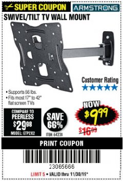 Harbor Freight Coupon ARMSTRONG 17 IN. TO 42 IN. SWIVEL/TILT TV WALL MOUNT Lot No. 64238 Expired: 11/30/19 - $9.99