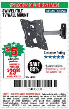 Harbor Freight Coupon ARMSTRONG 17 IN. TO 42 IN. SWIVEL/TILT TV WALL MOUNT Lot No. 64238 Expired: 12/24/19 - $5