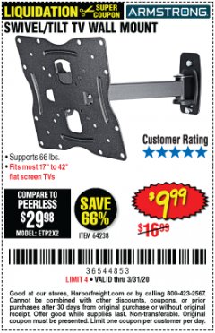 Harbor Freight Coupon ARMSTRONG 17 IN. TO 42 IN. SWIVEL/TILT TV WALL MOUNT Lot No. 64238 Expired: 3/31/20 - $9.99