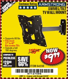 Harbor Freight Coupon ARMSTRONG 17 IN. TO 42 IN. SWIVEL/TILT TV WALL MOUNT Lot No. 64238 Expired: 6/30/20 - $9.99